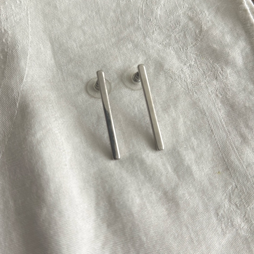 Silver Bar Linear Drop Post Earrings Minimalist Dainty 1.5"